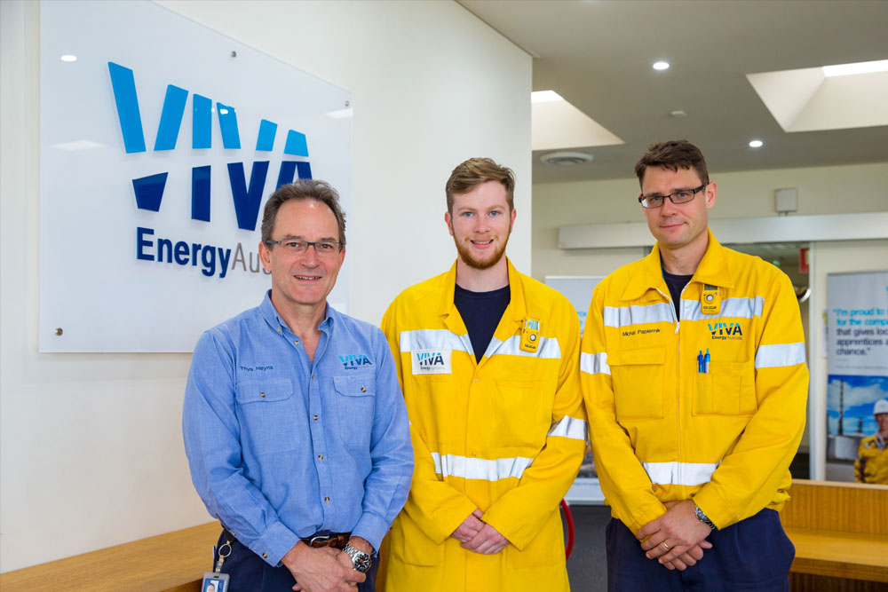 Thys Heyns, Viva Energy General Manager Refining; Jack MacCauley, CareerTrackers Intern; Michael Papiernik, Geelong Refinery Laboratory Manager